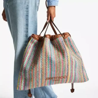 Bolso tote grande con cordón Bolso tote de rafia con cordón, diseño chevron multicolor y marrón claro, con ribetes de piel