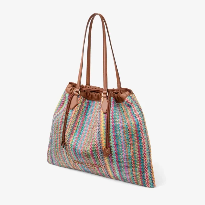 Bolso tote grande con cordón Bolso tote de rafia con cordón, diseño chevron multicolor y marrón claro, con ribetes de piel