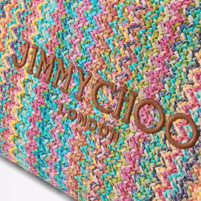 Bolso tote grande con cordón Bolso tote de rafia con cordón, diseño chevron multicolor y marrón claro, con ribetes de piel