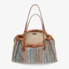 Bolso tote grande con cordón Bolso tote de rafia con cordón, diseño chevron multicolor y marrón claro, con ribetes de piel