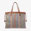 Bolso tote grande con cordón Bolso tote de rafia con cordón, diseño chevron multicolor y marrón claro, con ribetes de piel