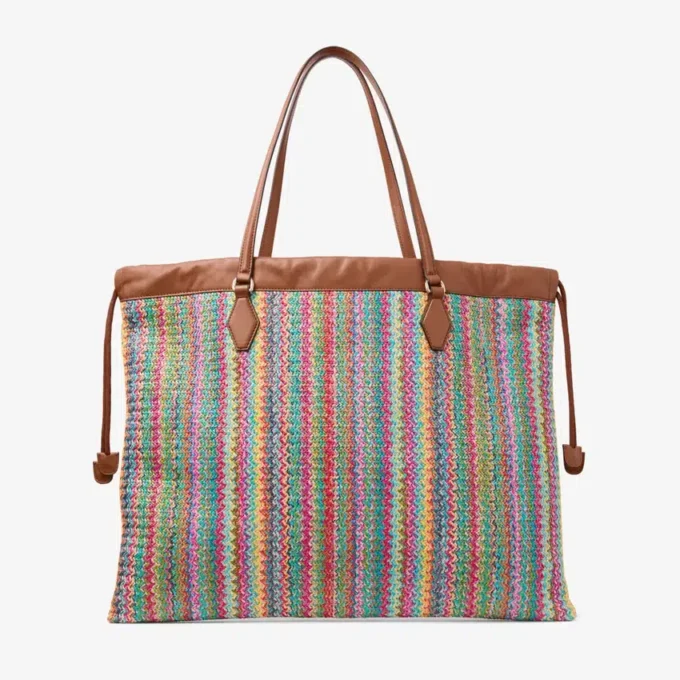 Bolso tote grande con cordón Bolso tote de rafia con cordón, diseño chevron multicolor y marrón claro, con ribetes de piel