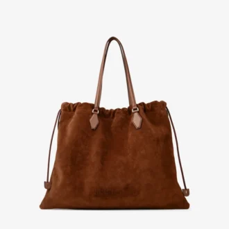 Bolso tote grande con cordón, de ante marrón claro y piel de becerro lisa, con el logotipo de jimmy choo