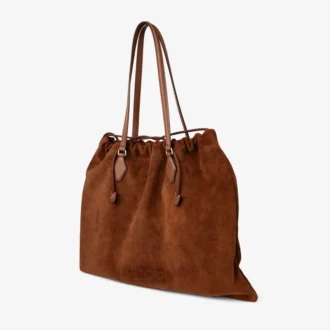 Bolso tote grande con cordón, de ante marrón claro y piel de becerro lisa, con el logotipo de jimmy choo