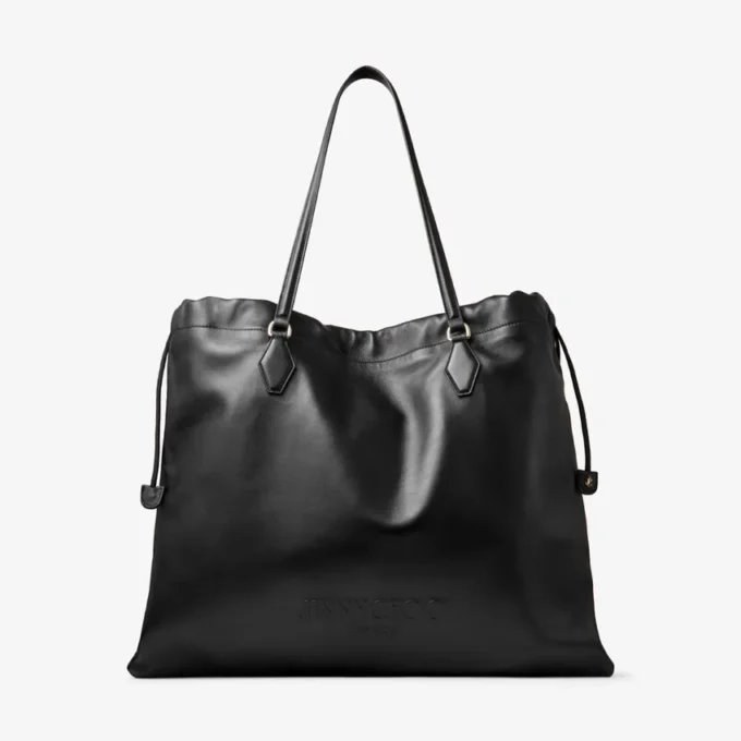 Bolso tote grande con cordón de piel de napa negra y logotipo de jimmy choo en relieve