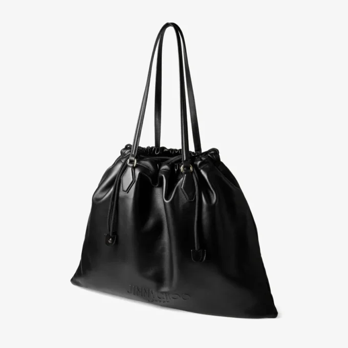 Bolso tote grande con cordón de piel de napa negra y logotipo de jimmy choo en relieve