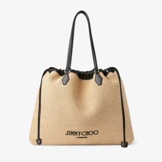 Bolso tote grande con cordón de rafia suave natural y ribetes de piel de becerro lisa