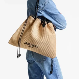 Bolso tote grande con cordón de rafia suave natural y ribetes de piel de becerro lisa