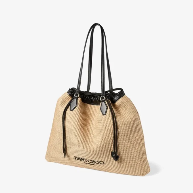 Bolso tote grande con cordón de rafia suave natural y ribetes de piel de becerro lisa Bolso tote grande con cordón de rafia suave natural y ribetes de piel de becerro lisa
