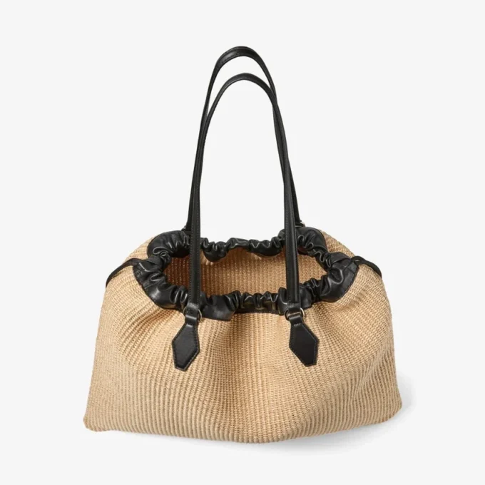 Bolso tote grande con cordón de rafia suave natural y ribetes de piel de becerro lisa Bolso tote grande con cordón de rafia suave natural y ribetes de piel de becerro lisa