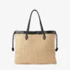 Bolso tote grande con cordón de rafia suave natural y ribetes de piel de becerro lisa Bolso tote grande con cordón de rafia suave natural y ribetes de piel de becerro lisa