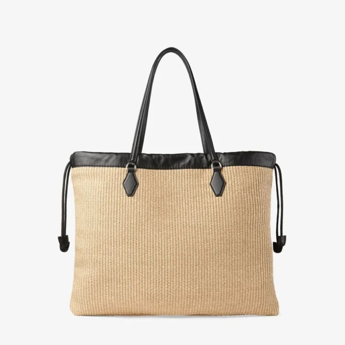 Bolso tote grande con cordón de rafia suave natural y ribetes de piel de becerro lisa Bolso tote grande con cordón de rafia suave natural y ribetes de piel de becerro lisa