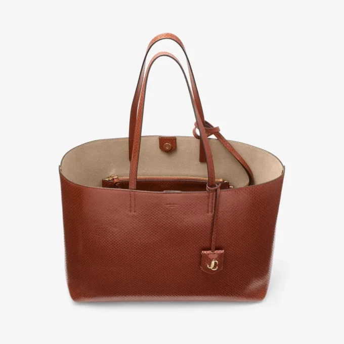Bolso tote Nine2Five East-West de piel con estampado Elaphe en color coñac