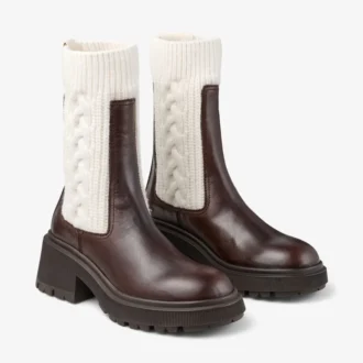 Botines planos Tamia de piel de becerro brillante color chocolate con punto trenzado