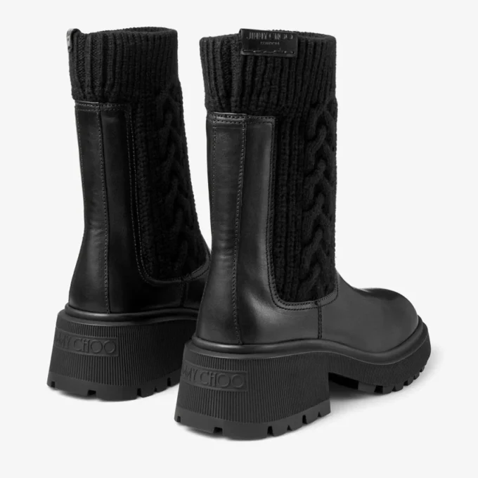 Botines Tamia planos de piel de becerro brillante en negro con tejido de punto trenzado Botines Tamia planos de piel de becerro brillante en negro con tejido de punto trenzado