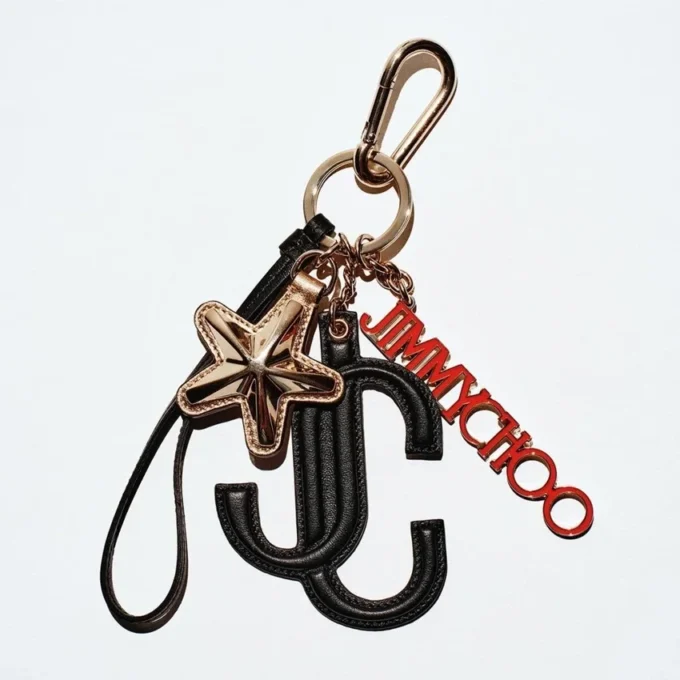 Colgante para bolso Jc Multi Charm en piel de becerro negra y naranja con logotipo de estrella