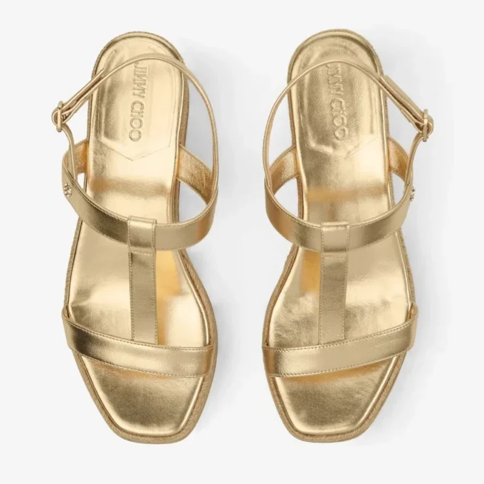 Cuña Theia 60 Sandalias de cuña de piel metalizada dorada Cuña Theia 60 Sandalias de cuña de piel metalizada dorada