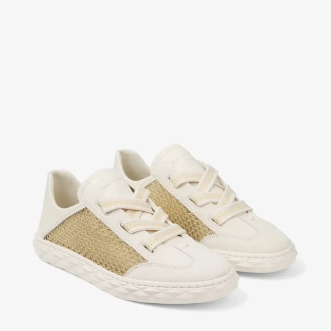 Diamond Light Flex F Zapatillas de mezcla de piel dorada y color café con leche y malla tejida metalizada Diamond Light Flex F Zapatillas de mezcla de piel dorada y color café con leche y malla tejida metalizada