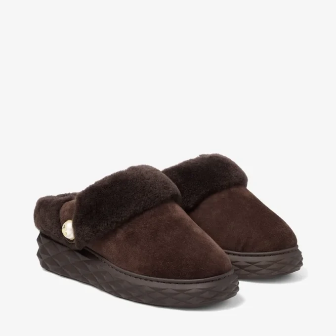 Diamond Maxi Mule F: sandalias de ante color chocolate con borreguillo Diamond Maxi Mule F: sandalias de ante color chocolate con borreguillo