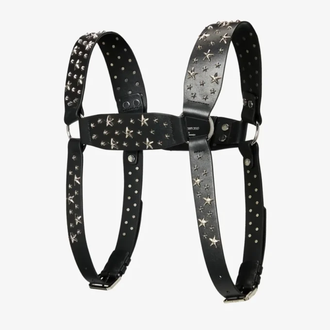 Jimmy Choo Noir Kei Ninomiya All Stars Harness Arnés de piel de becerro lisa negra con adornos metálicos de estrellas múltiples Jimmy Choo Noir Kei Ninomiya All Stars Harness Arnés de piel de becerro lisa negra con adornos metálicos de estrellas múltiples