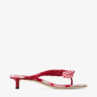 Liss 35 Mezcla de rojo rubí. Sandalias tipo mule de algodón a cuadros vichy con lazo a cuadros vichy