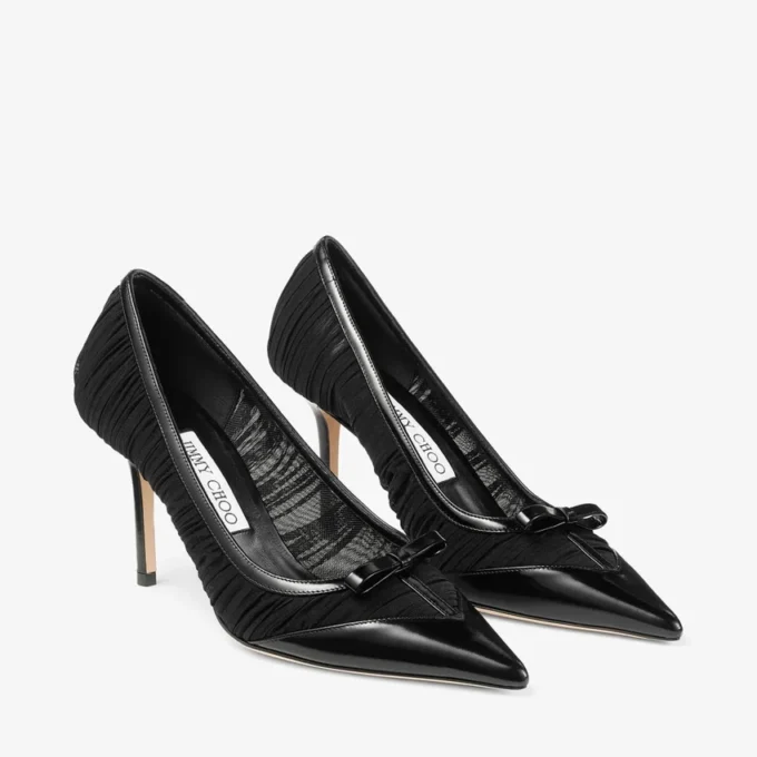 Love Mesh 85: zapatos de salón negros de piel spazzolato y malla fruncida Love Mesh 85: zapatos de salón negros de piel spazzolato y malla fruncida