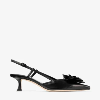 Mimmi Sling Back 50: sandalias de talón abierto en piel napa brillante negra con adorno de encaje de napa