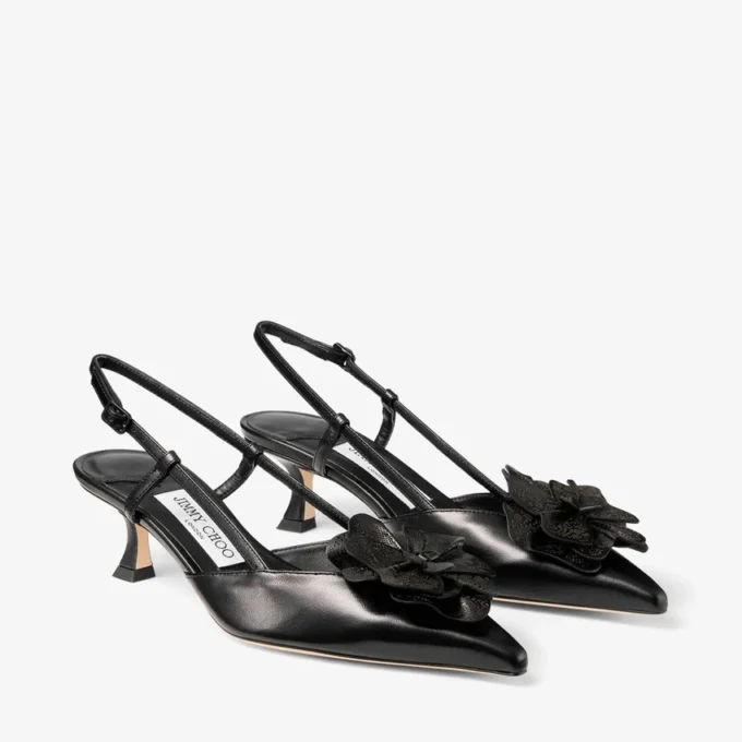 Mimmi Sling Back 50: sandalias de talón abierto en piel napa brillante negra con adorno de encaje de napa Mimmi Sling Back 50: sandalias de talón abierto en piel napa brillante negra con adorno de encaje de napa