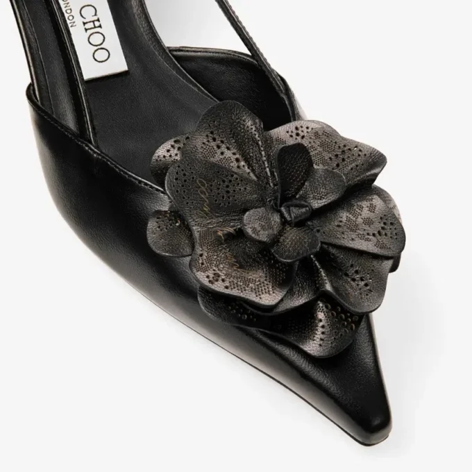 Mimmi Sling Back 50: sandalias de talón abierto en piel napa brillante negra con adorno de encaje de napa Mimmi Sling Back 50: sandalias de talón abierto en piel napa brillante negra con adorno de encaje de napa