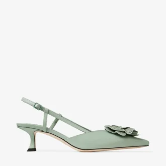 Mimmi Sling Back 50 Verde: sandalias de talón abierto en piel napa brillante con adorno de encaje de napa perforada de jimmy choo