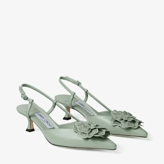 Mimmi Sling Back 50 Verde: sandalias de talón abierto en piel napa brillante con adorno de encaje de napa perforada de jimmy choo Mimmi Sling Back 50 Verde: sandalias de talón abierto en piel napa brillante con adorno de encaje de napa perforada de jimmy choo