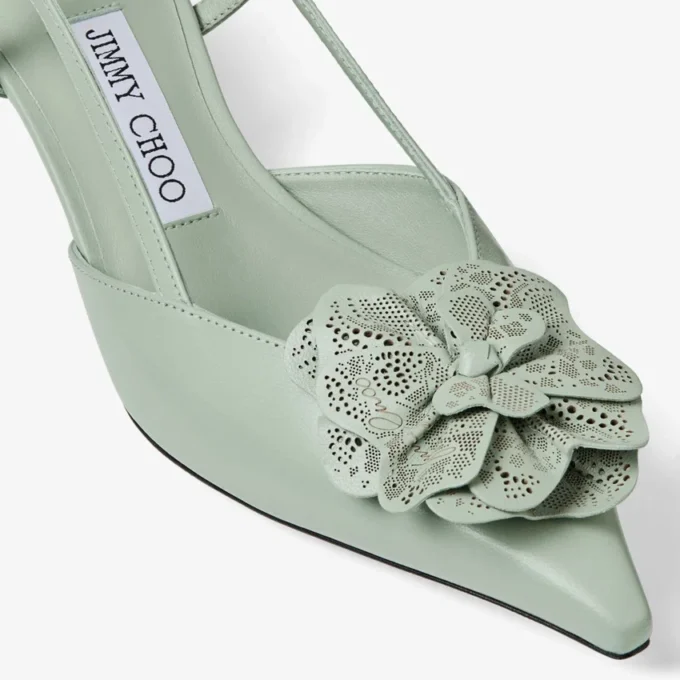 Mimmi Sling Back 50 Verde: sandalias de talón abierto en piel napa brillante con adorno de encaje de napa perforada de jimmy choo Mimmi Sling Back 50 Verde: sandalias de talón abierto en piel napa brillante con adorno de encaje de napa perforada de jimmy choo