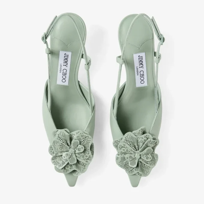 Mimmi Sling Back 50 Verde: sandalias de talón abierto en piel napa brillante con adorno de encaje de napa perforada de jimmy choo Mimmi Sling Back 50 Verde: sandalias de talón abierto en piel napa brillante con adorno de encaje de napa perforada de jimmy choo