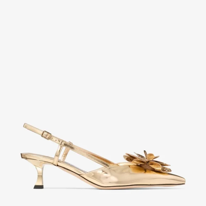 Mimmi Sling Back 50 Zapatos de tacón con correa trasera de piel Liquid Metal dorada y adorno perforado de jimmy choo Mimmi Sling Back 50 Zapatos de tacón con correa trasera de piel Liquid Metal dorada y adorno perforado de jimmy choo