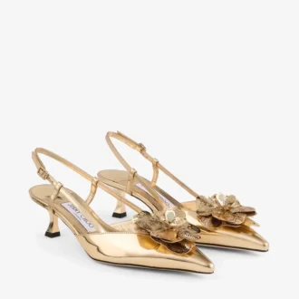 Mimmi  Sling Back 50 Zapatos de tacón con correa trasera de piel Liquid Metal dorada y adorno perforado de jimmy choo