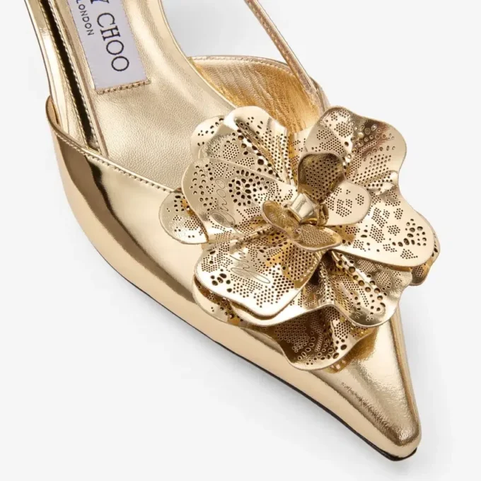 Mimmi Sling Back 50 Zapatos de tacón con correa trasera de piel Liquid Metal dorada y adorno perforado de jimmy choo Mimmi Sling Back 50 Zapatos de tacón con correa trasera de piel Liquid Metal dorada y adorno perforado de jimmy choo