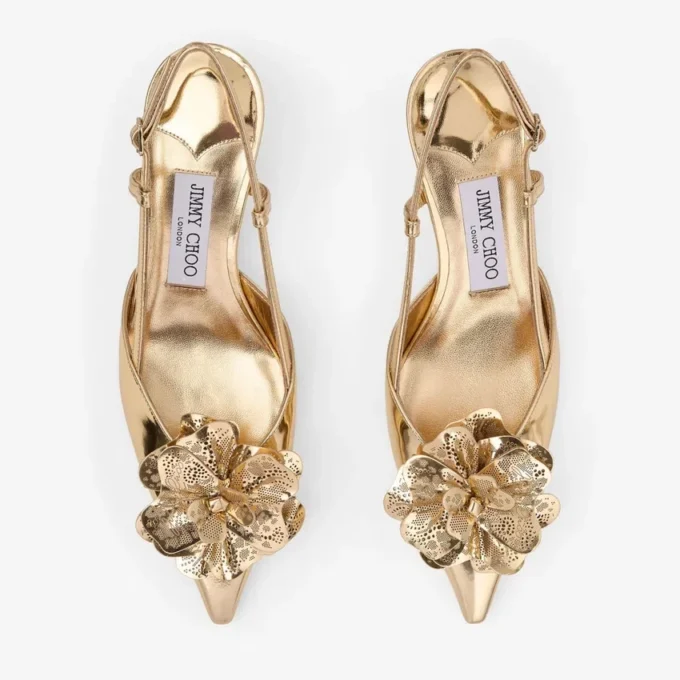 Mimmi Sling Back 50 Zapatos de tacón con correa trasera de piel Liquid Metal dorada y adorno perforado de jimmy choo Mimmi Sling Back 50 Zapatos de tacón con correa trasera de piel Liquid Metal dorada y adorno perforado de jimmy choo