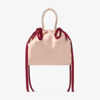 Mini bolso de satén con asas superiores y cordones en colores macaron y rojo rubí Mini bolso de satén con asas superiores y cordones en colores macaron y rojo rubí