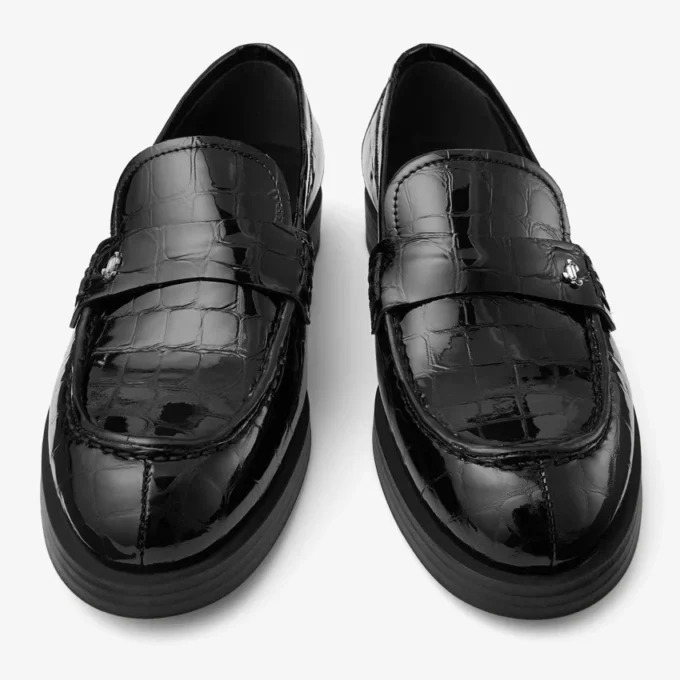 Mocasines Ivy de piel con relieve de cocodrilo negro