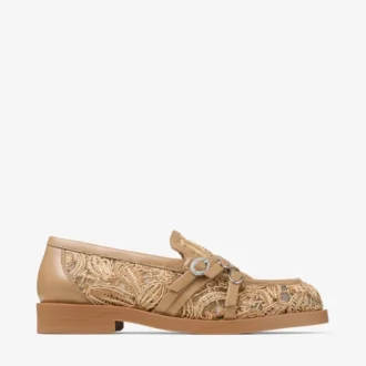 Mocasines Kalia de rafia tejida con motivos florales naturales y piel de becerro
