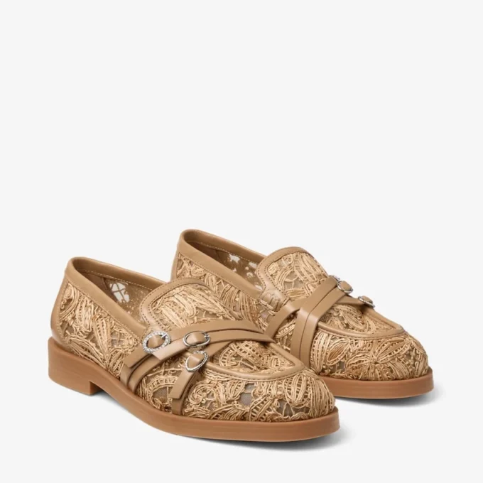Mocasines Kalia de rafia tejida con motivos florales naturales y piel de becerro