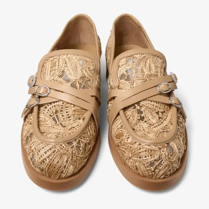 Mocasines Kalia de rafia tejida con motivos florales naturales y piel de becerro