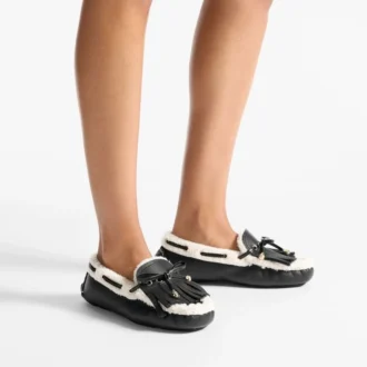 Mocasines Manon F de cuero envejecido negro con borreguillo