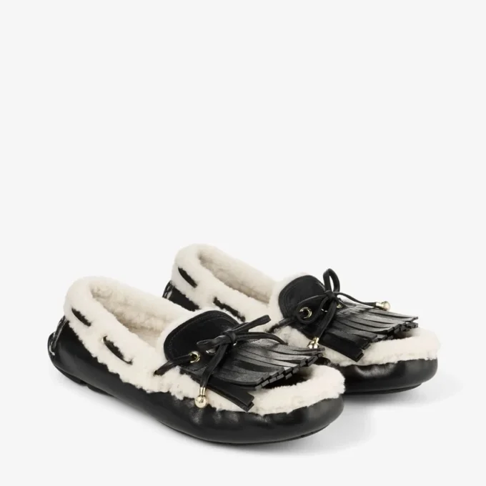 Mocasines Manon F de cuero envejecido negro con borreguillo