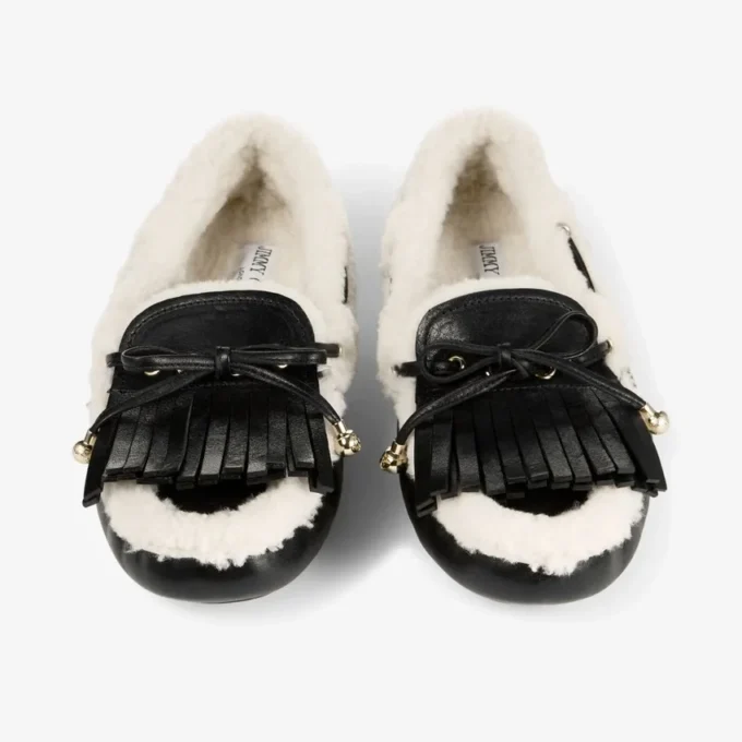 Mocasines Manon F de cuero envejecido negro con borreguillo