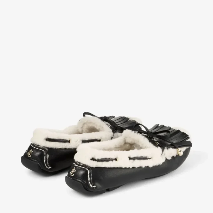 Mocasines Manon F de cuero envejecido negro con borreguillo