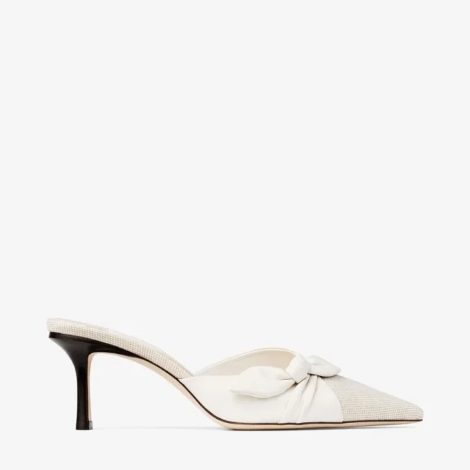 Mules Livi 65 de lona moteada en tonos almendra y café con leche y piel de guante suave con lazo de piel napa