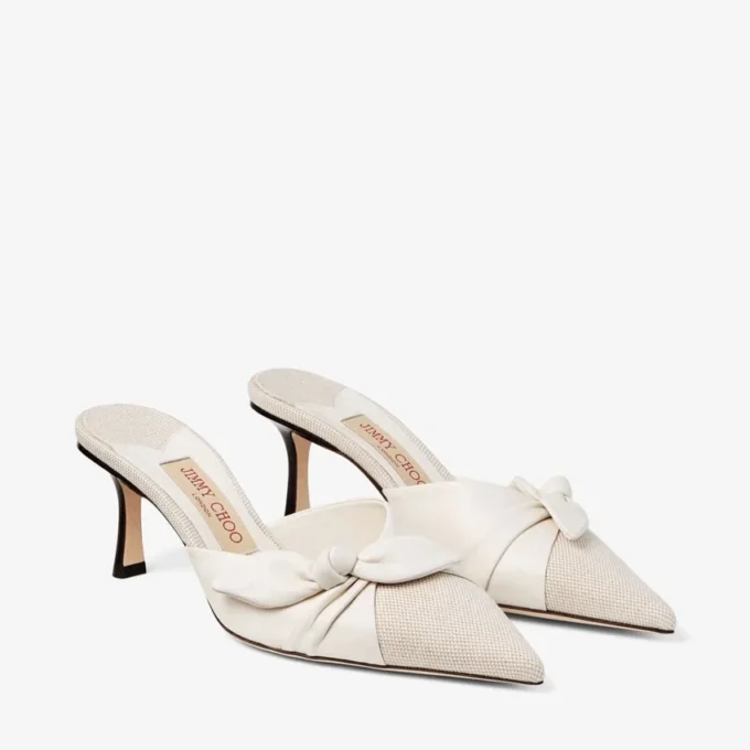 Mules Livi 65 de lona moteada en tonos almendra y café con leche y piel de guante suave con lazo de piel napa