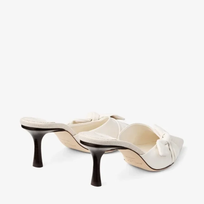 Mules Livi 65 de lona moteada en tonos almendra y café con leche y piel de guante suave con lazo de piel napa