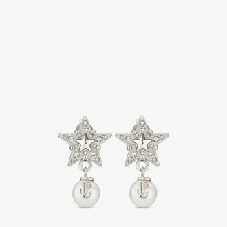 Pendientes Crystal Star Pendientes de estrella de metal con acabado plateado, perlas de resina blanca y cristales Pendientes Crystal Star Pendientes de estrella de metal con acabado plateado, perlas de resina blanca y cristales